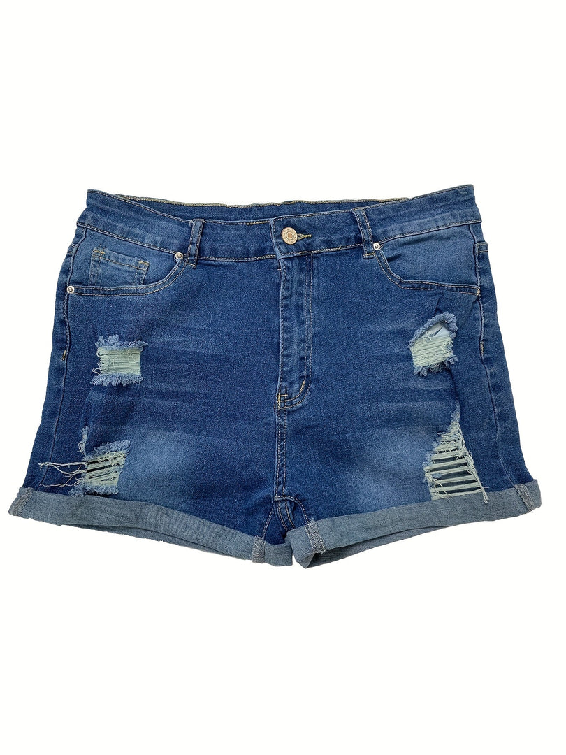 Women's Ripped Denim Shorts High Waist Distressed Cuffed Hem Casual Street Style