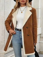 Load image into Gallery viewer, Women's Light Brown Shearling Coat Notch Lapel Double Breasted Faux Fur Trim
