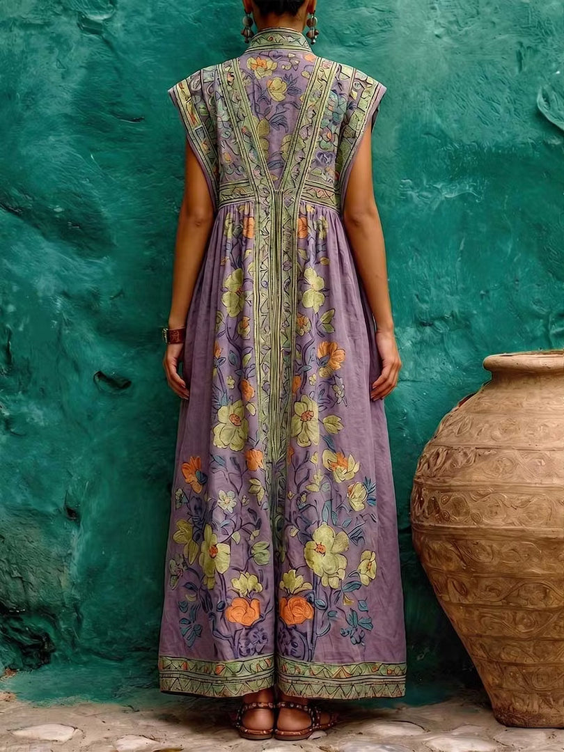 Women's Purple Maxi Dress V Neck Floral Print Sleeveless Contrast Border Flowing Style