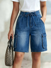 Women's Blue Denim Cargo Jean Shorts High Waist Tie Waist Utility Pockets