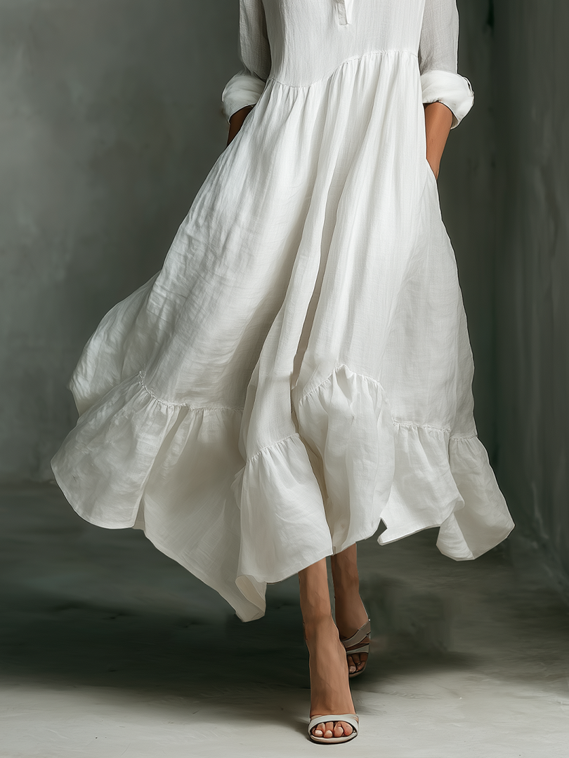 Women's White Maxi Dress Stand Collar Button Placket Long Sleeve Tiered Linen Casual Style
