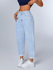 Women's Light Blue Relaxed Mom Jeans High Waist Tapered Cuffed Hem