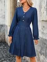 Load image into Gallery viewer, Women's Blue Denim Dress V Neck Long Sleeve a Line Midi

