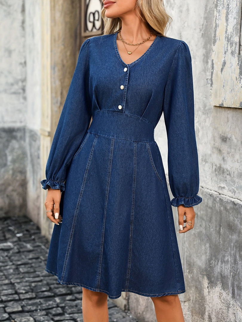 Women's Blue Denim Dress V Neck Long Sleeve a Line Midi