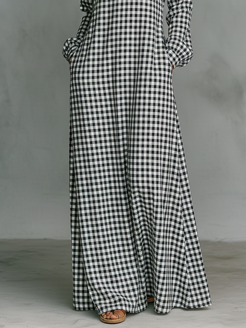 Effortless Plaid Maxi Dress for Women with V Neck Long Sleeve Oversized Casual Shirt Dress Style