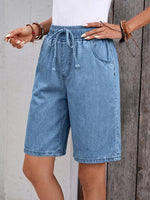 Load image into Gallery viewer, Women's Light Blue Denim Bermuda Jean Shorts Elastic Drawstring Waist Wide Leg
