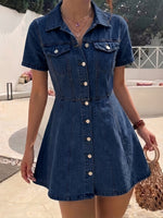 Load image into Gallery viewer, Women's Deep Blue Denim Jacket Button-Front A-Line Fitted Flared Hem
