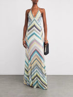 Load image into Gallery viewer, Women's Maxi Dress Chevron Crochet Print Open Back Spaghetti Straps
