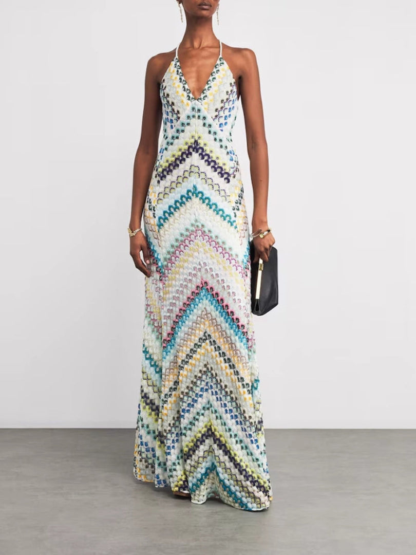 Women's Maxi Dress Chevron Crochet Print Open Back Spaghetti Straps