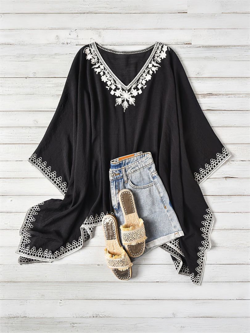 Women's Poncho Shirt V Neck Embroidered Trim Draped Batwing Style