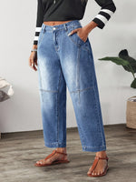 Load image into Gallery viewer, Women's Blue Relaxed Barrel Jeans High Waist Seam Detail Faded Wash
