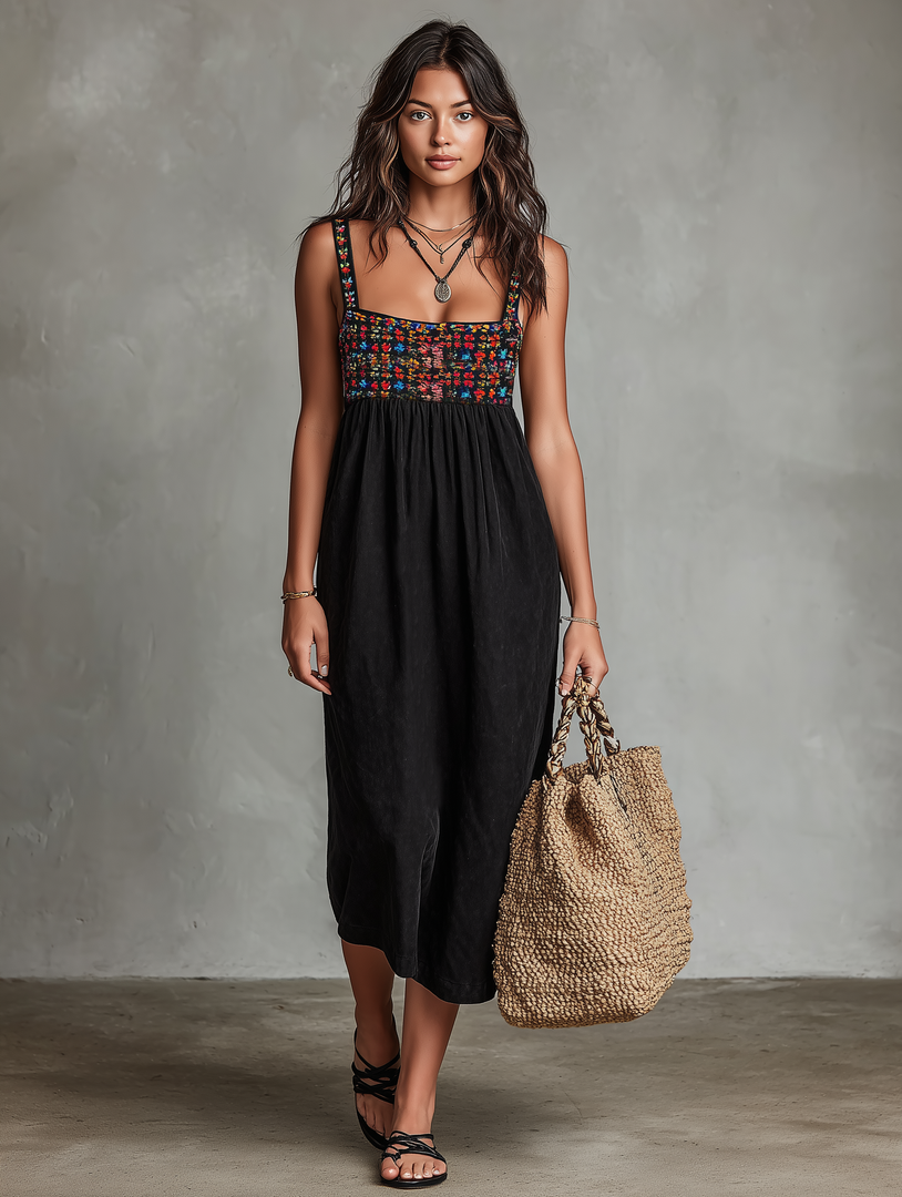 Women's Black Dress Floral Embroidered Bodice Square Neck Sleeveless Casual Midi Style
