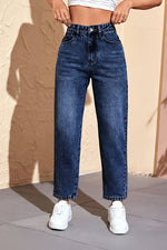 Load image into Gallery viewer, Women's Medium Blue Relaxed Mom Jeans High Waist Straight Leg Wide Cuff
