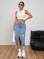Load image into Gallery viewer, Women's Blue Denim Jean Skirt High Waist Ripped Side Slit a Line Midi Casual Style

