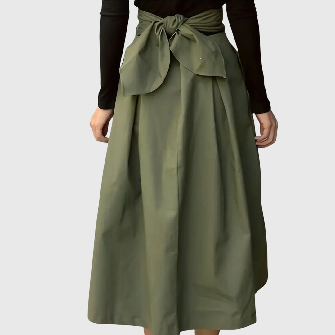 Women's Green Midi Skirt High Waist a Line Pleated Wrap Front Casual Style