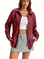 Load image into Gallery viewer, Women's Leather Jacket Button Front Collared Oversized Shacket Style
