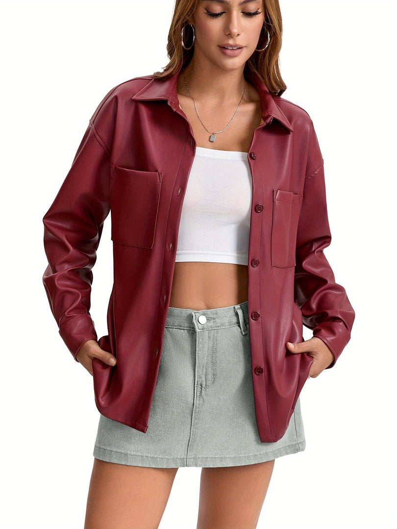 Women's Leather Jacket Button Front Collared Oversized Shacket Style