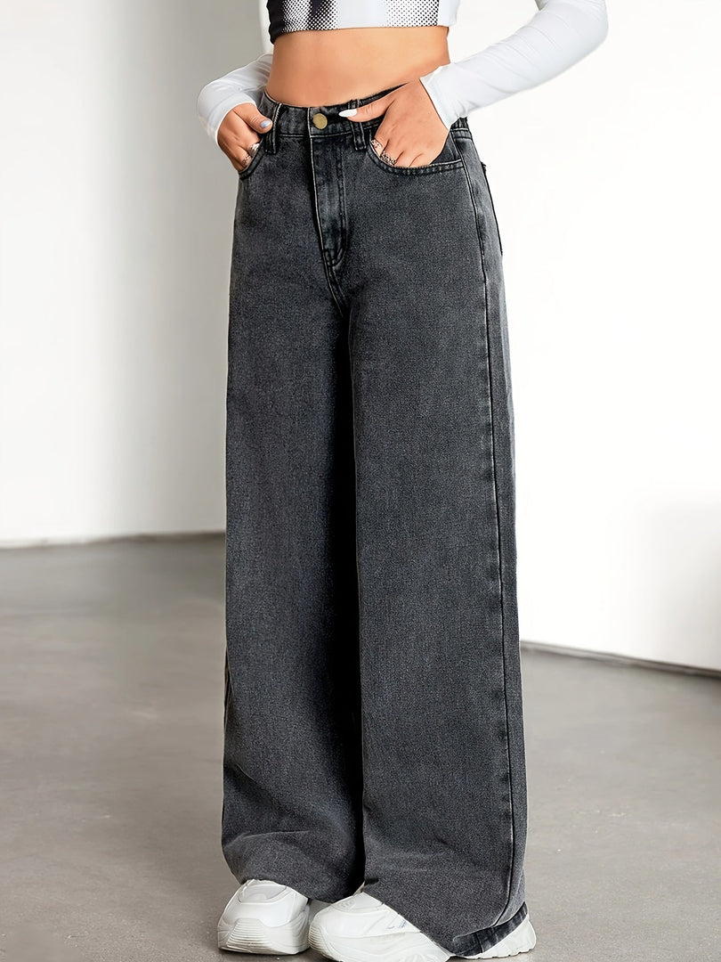Women's Grey Wide Leg Jeans High Waist Flowing Loose Fit Denim Style