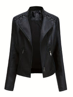 Load image into Gallery viewer, Women's Leather Moto Jacket Notch Lapel Zip Front Studded Shoulder
