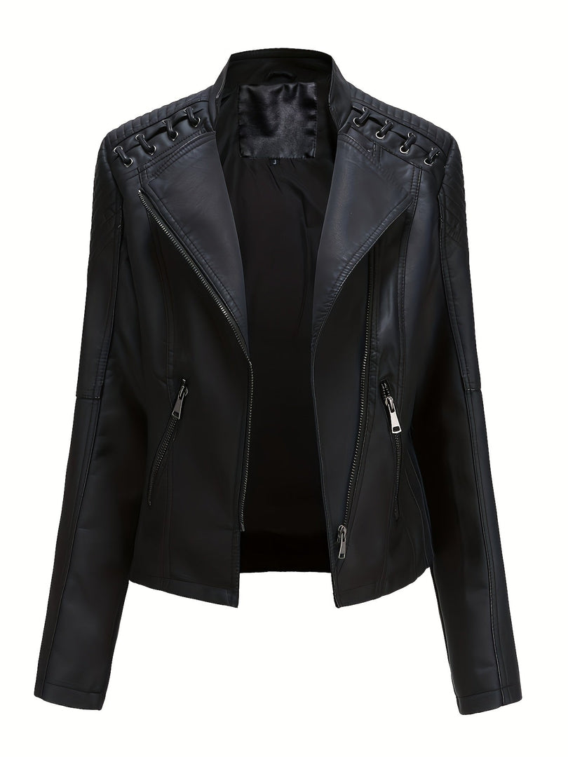 Women's Leather Moto Jacket Notch Lapel Zip Front Studded Shoulder
