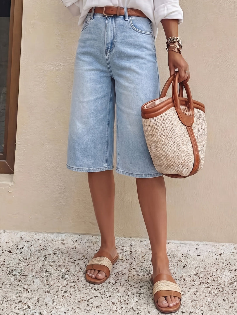 Women's Light Blue Denim Culotte Jean Shorts High Waist Wide Leg Cropped Style