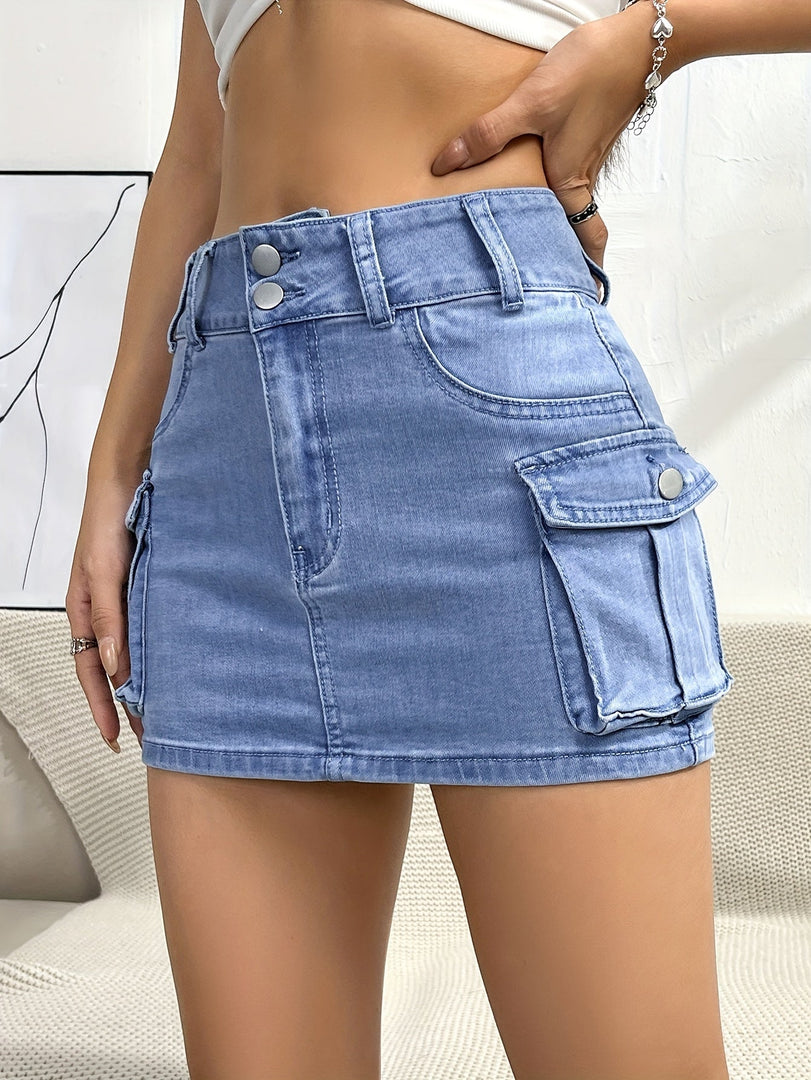 Women's Denim Mini Skirt High Waist Cargo Pocket Jean Skirt Street Style