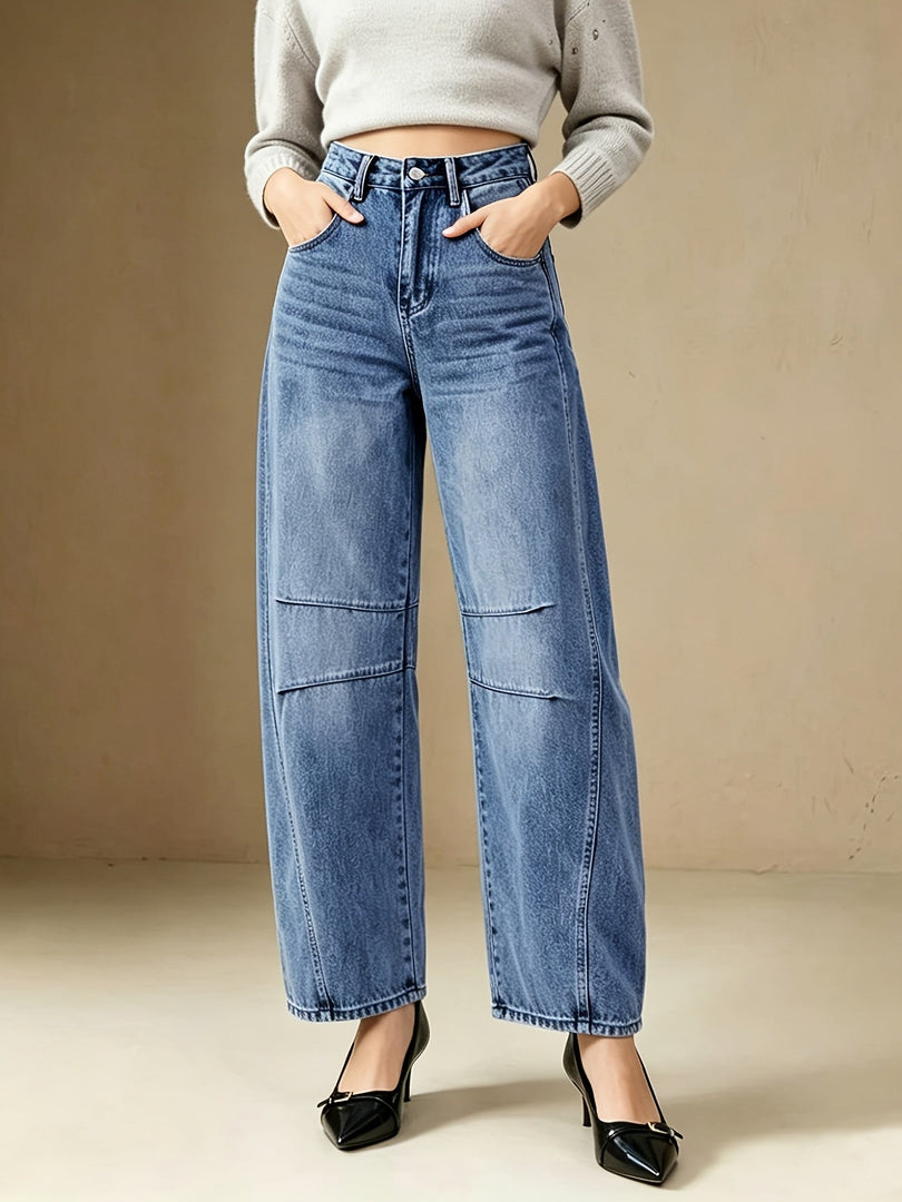 Women's Relaxed Blue Barrel Jeans High Waist Seam Detail