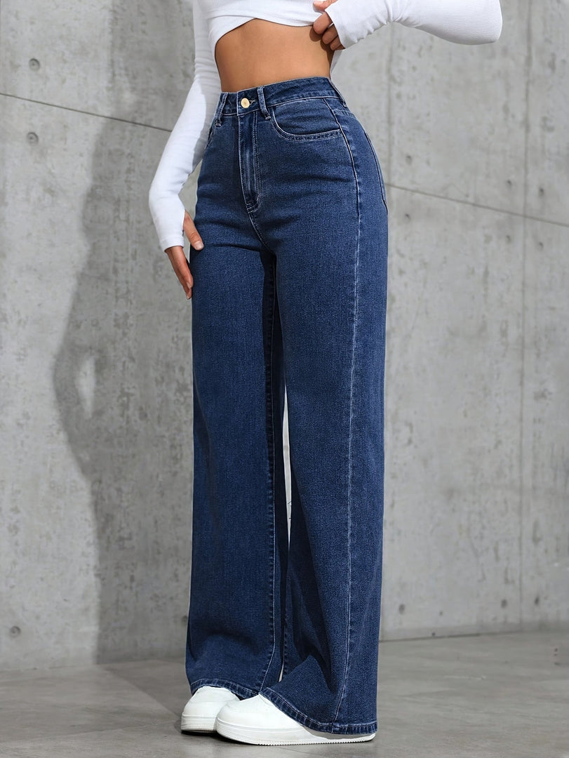Women's Blue Wide Leg Jeans High Waist Flowing Loose Fit Denim Style