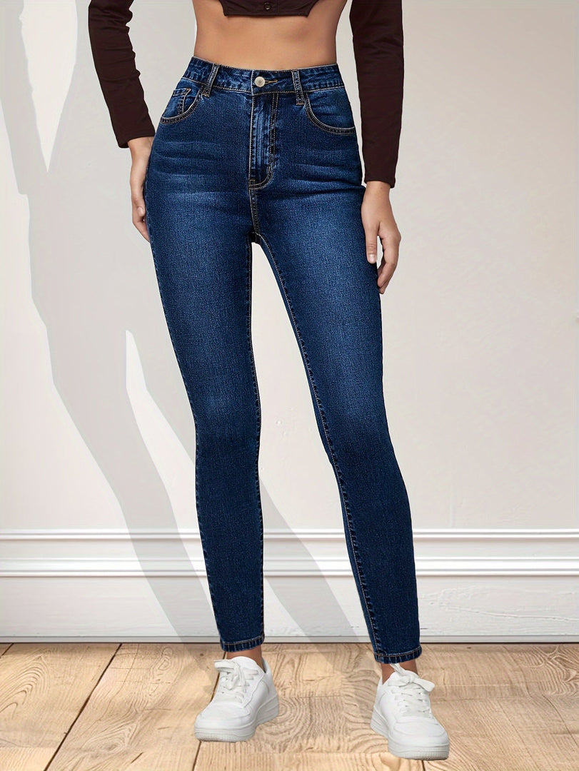 Women's Blue Relaxed Skinny Jeans High Waist Slim Fit Ankle Length