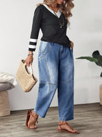 Load image into Gallery viewer, Women's Blue Relaxed Barrel Jeans High Waist Seam Detail Faded Wash
