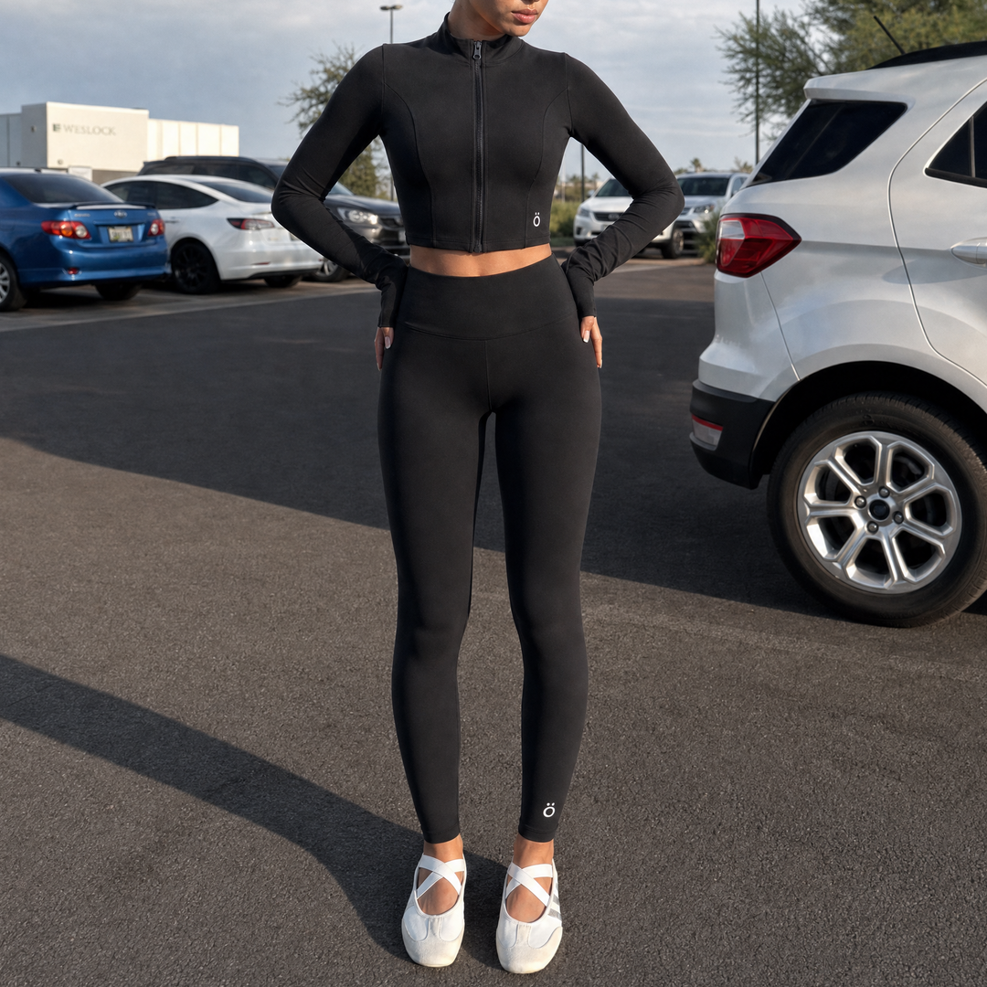Arcadia + Honora Crop Jacket & High Waisted Leggings Matching Yoga Set - In Black