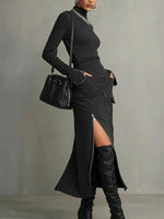Load image into Gallery viewer, Women's Dark Grey Turtleneck Two Piece Set Zipper Pocket Skirt
