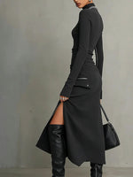 Load image into Gallery viewer, Women's Dark Grey Turtleneck Two Piece Set Zipper Pocket Skirt
