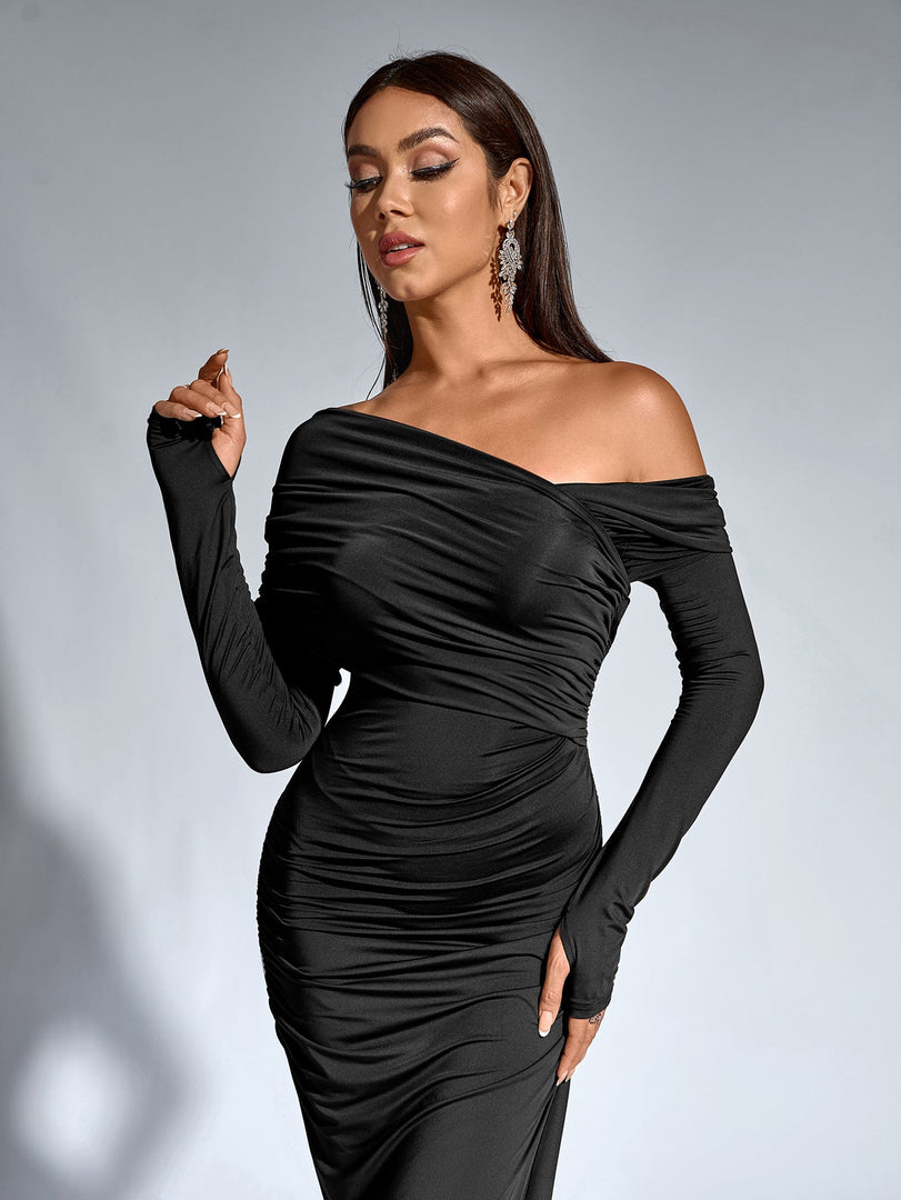 Asymmetrical Shoulder Ruched Backless Bodycon Dress | Formal Dress