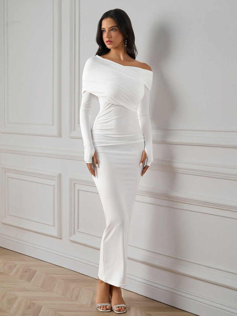 Asymmetrical Shoulder Ruched Backless Bodycon Dress | Formal Dress