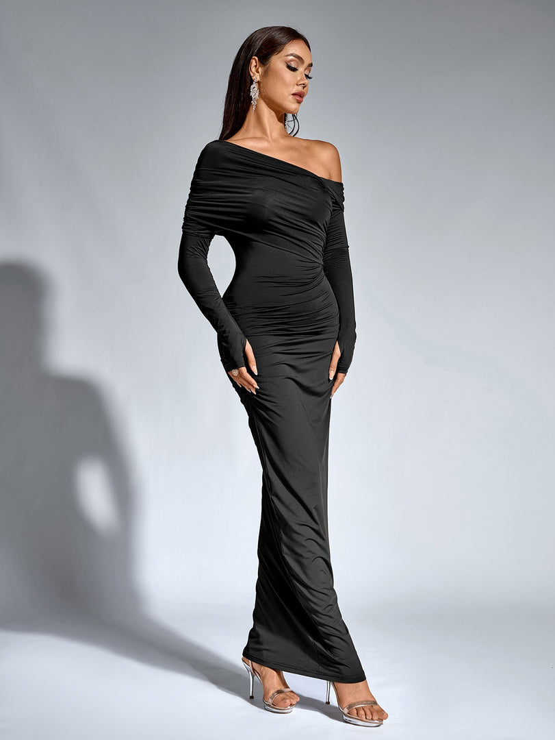 Asymmetrical Shoulder Ruched Backless Bodycon Dress | Formal Dress