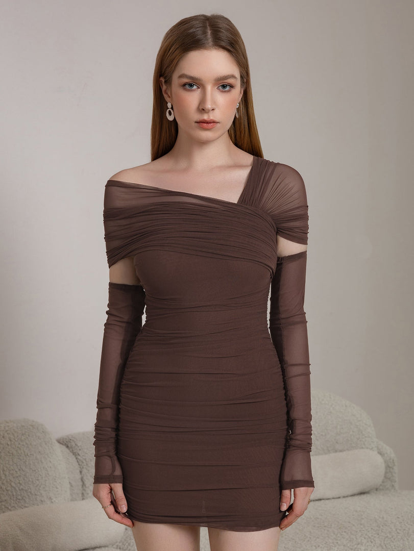 Asymmetrical Shoulder Ruched Mesh Bodycon Dress | Formal Dress