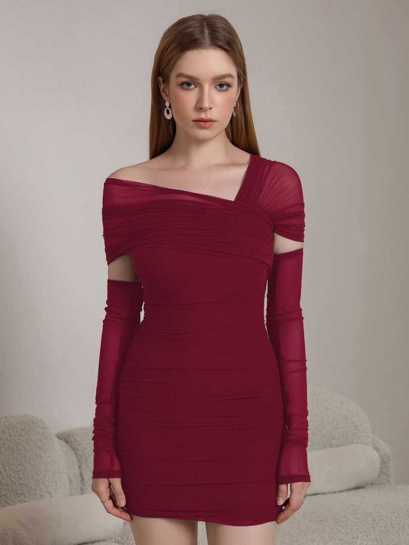 Asymmetrical Shoulder Ruched Mesh Bodycon Dress | Formal Dress