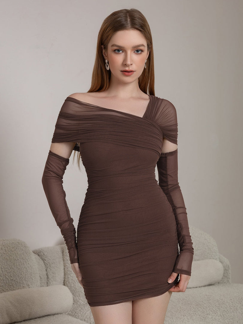 Asymmetrical Shoulder Ruched Mesh Bodycon Dress | Formal Dress