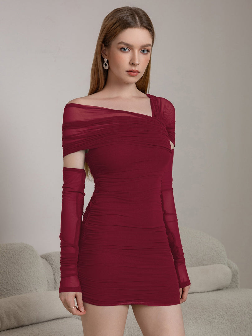 Asymmetrical Shoulder Ruched Mesh Bodycon Dress | Formal Dress