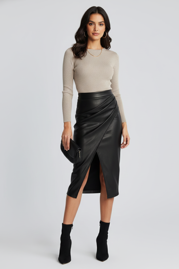 Women's Midi Skirt High Waist Faux Leather Wrap Front Split Fitted Casual Style