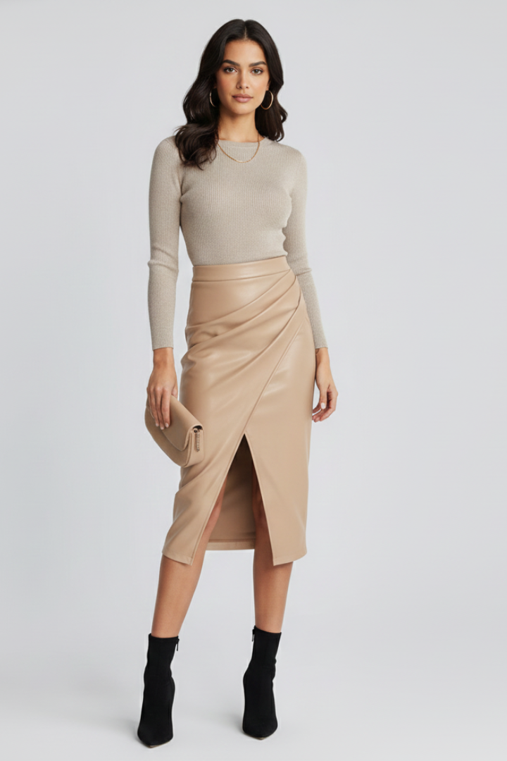 Women's Midi Skirt High Waist Faux Leather Wrap Front Split Fitted Casual Style