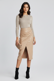 Women's Midi Skirt High Waist Faux Leather Wrap Front Split Fitted Casual Style