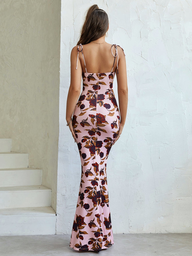 Tie Shoulder Fishtail Hem Floral Print Prom Dress | Vacation Dress