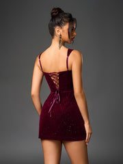 Backless Crisscross Tie Pocket Decoration Sequin Velvet Dress | Homecoming Dress