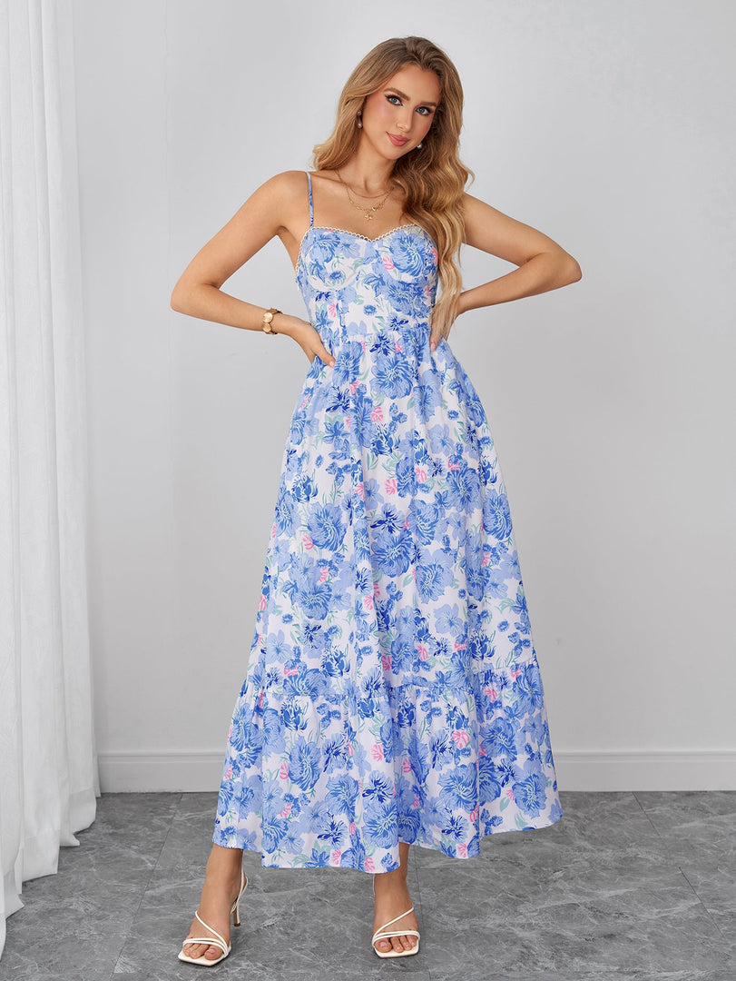 Backless Flared Pocket Floral Print Cami Dress | Vacation Dress, Wedding Guest Dress