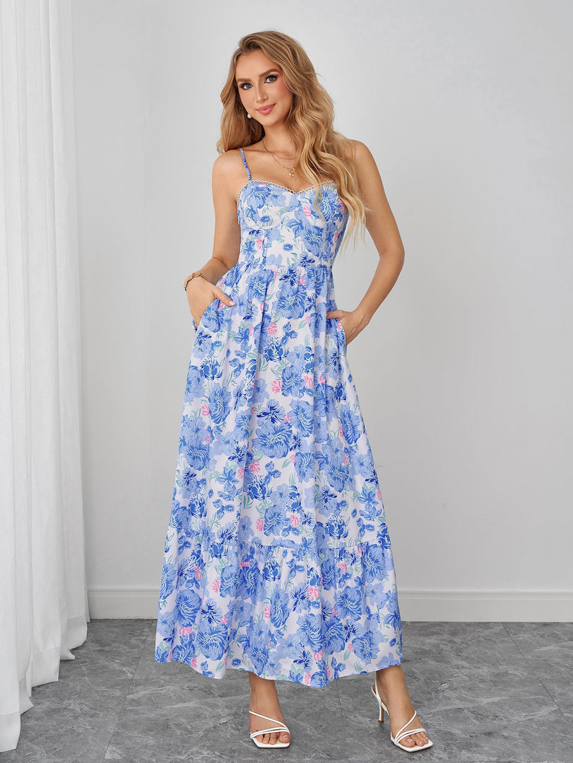 Backless Flared Pocket Floral Print Cami Dress | Vacation Dress, Wedding Guest Dress