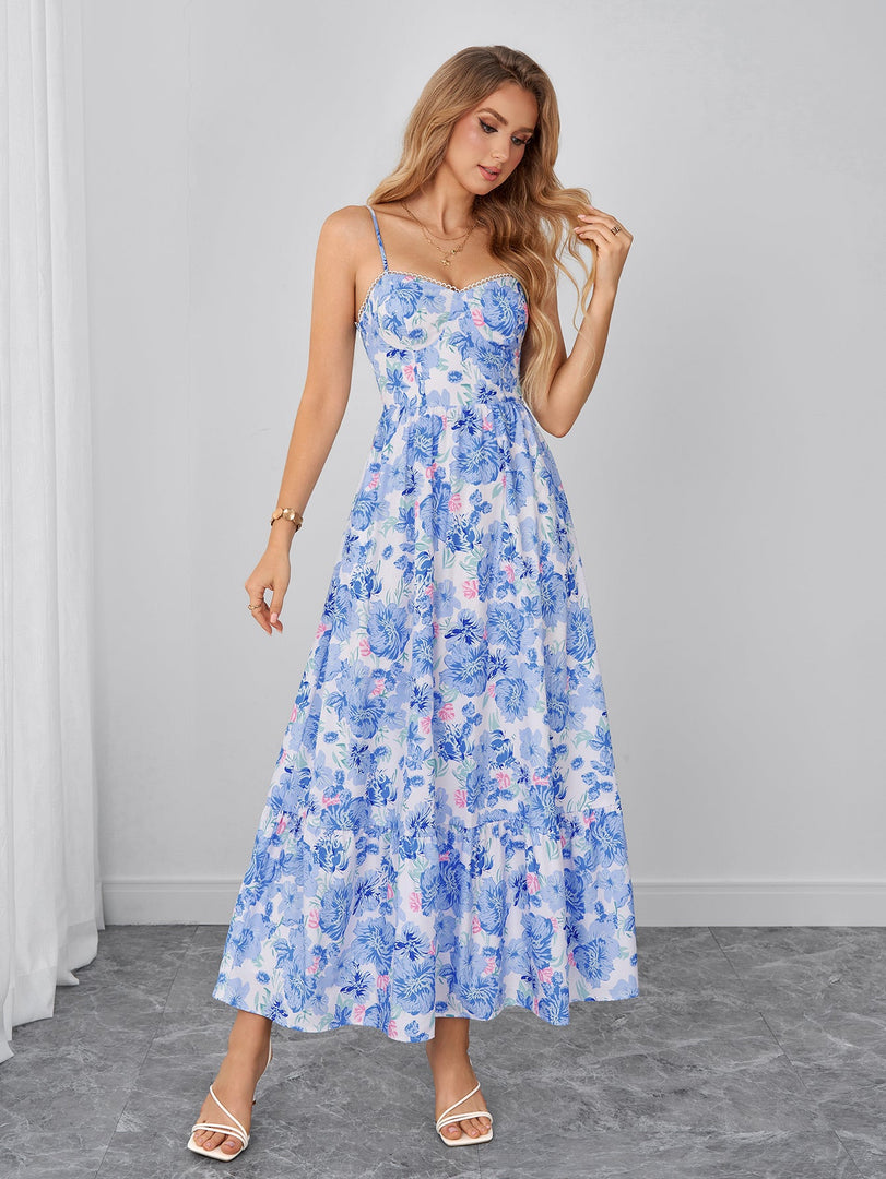 Backless Flared Pocket Floral Print Cami Dress | Vacation Dress, Wedding Guest Dress