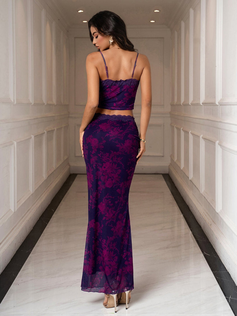 Backless Lace Trim Cami Top & Bodycon Mesh Skirt | Homecoming & Cocktail Party Two-Piece Set
