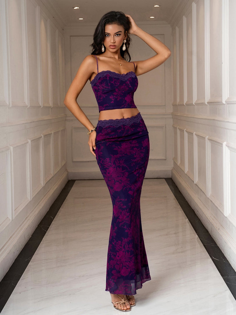 Backless Lace Trim Cami Top & Bodycon Mesh Skirt | Homecoming & Cocktail Party Two-Piece Set